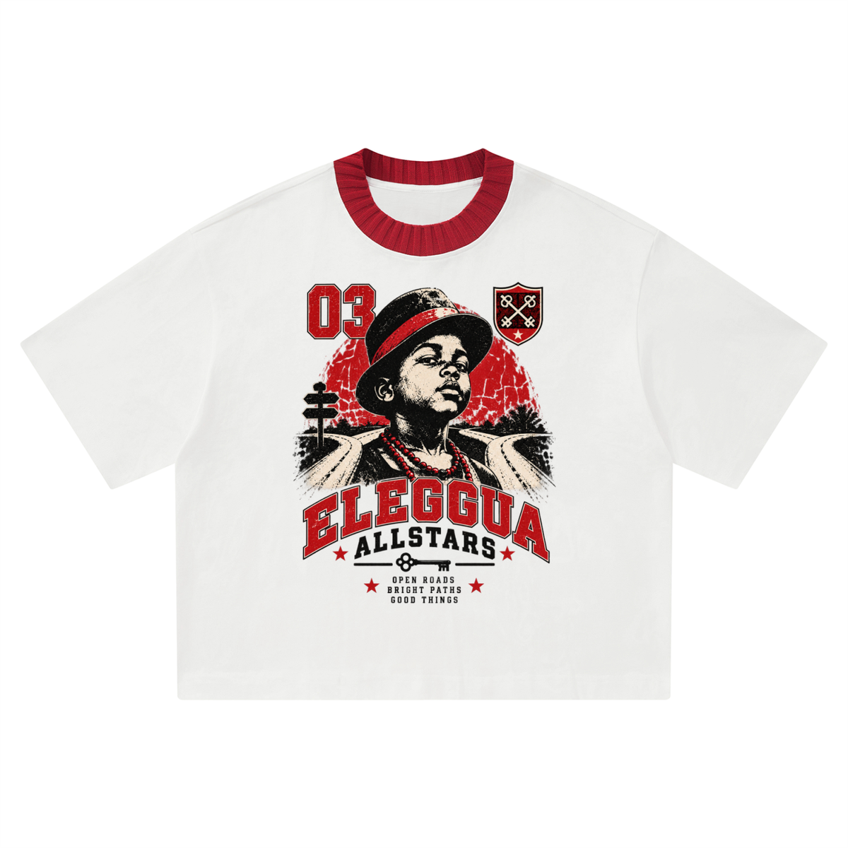 Eleggua Allstars - Unisex Heavyweight Boxy T-Shirt — white with red trim, front artwork view