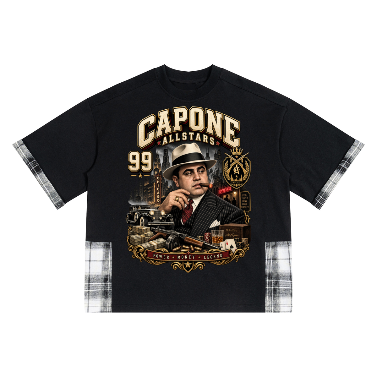 Capone Allstars - Unisex Plaid Paneled T-Shirt — black plaid, front artwork view