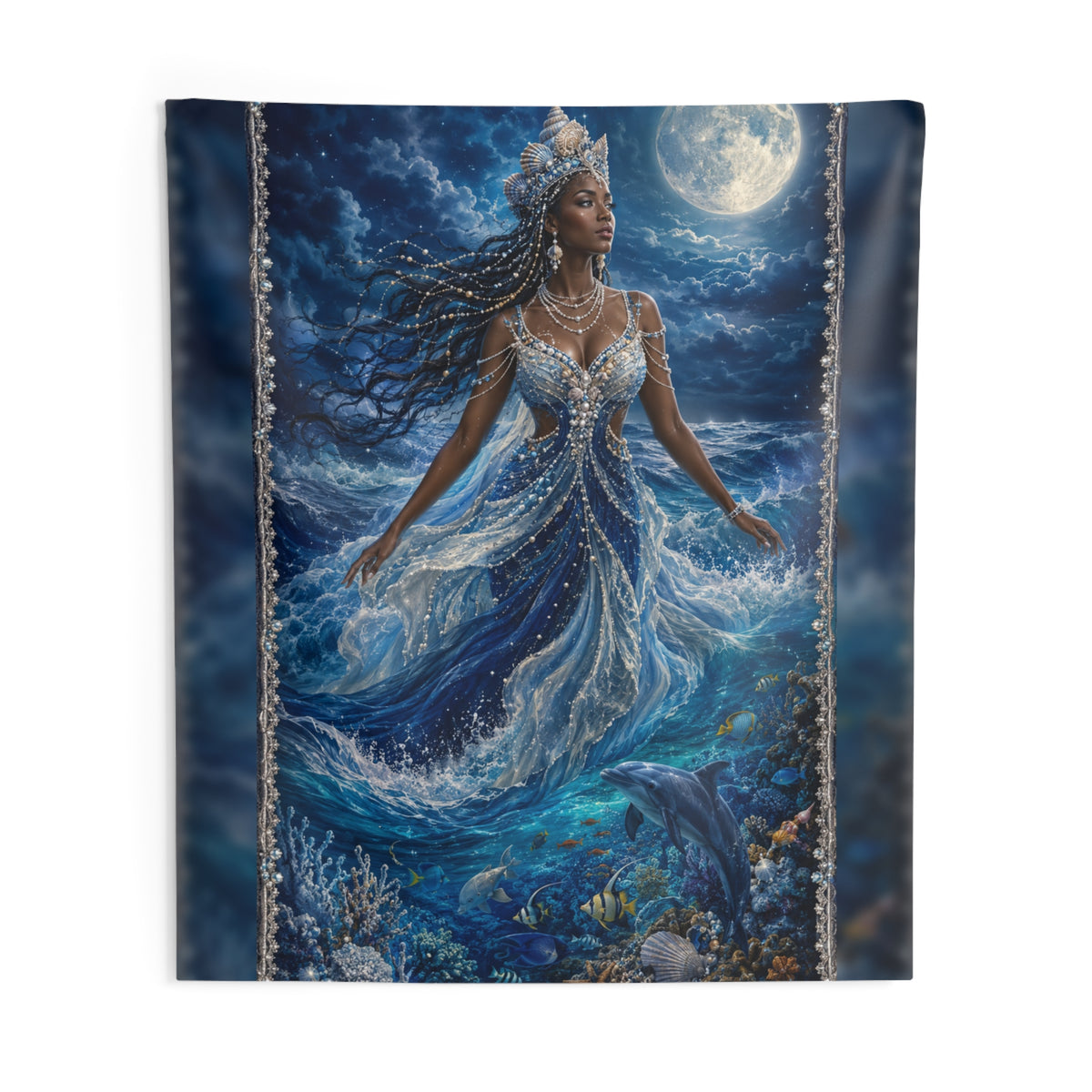 Yemayá Beneath the Moonlit Cobalt Sea Wall Tapestry product mockup view 3