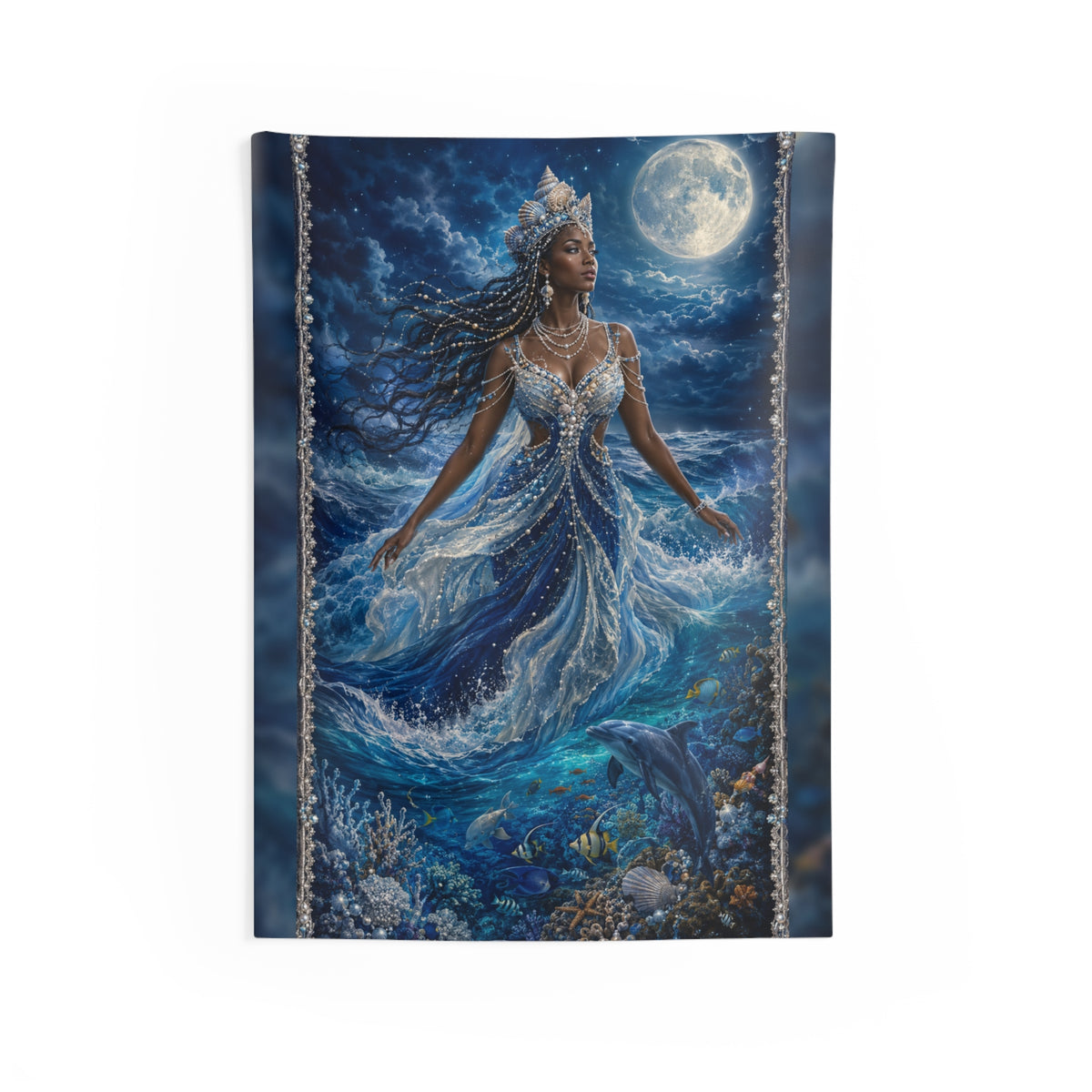 Yemayá Beneath the Moonlit Cobalt Sea Wall Tapestry product mockup