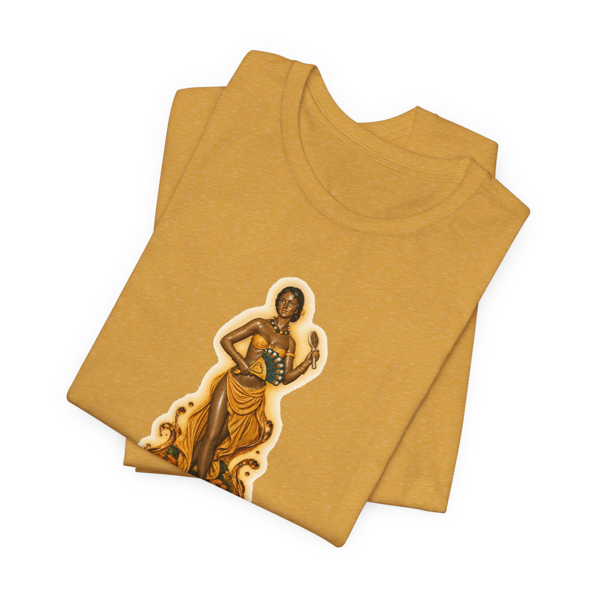 Oshún Golden Blessing Statue T-Shirt — mustard gold, folded front artwork detail