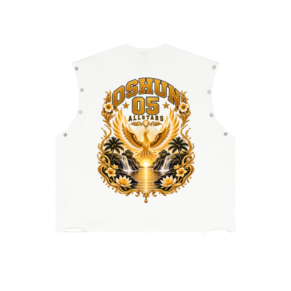 Oshun Allstars - Distressed Grommet Eyelet Tank Top — white, back artwork view