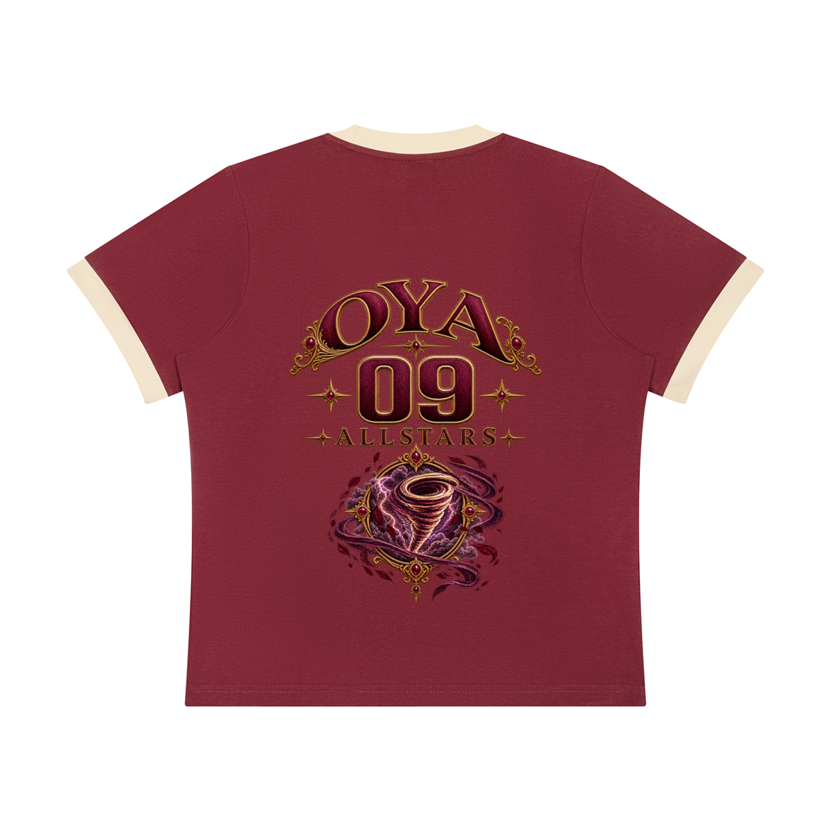 Oya Allstars - Women's Sorona Ringer T-Shirt — burgundy and cream, back artwork view