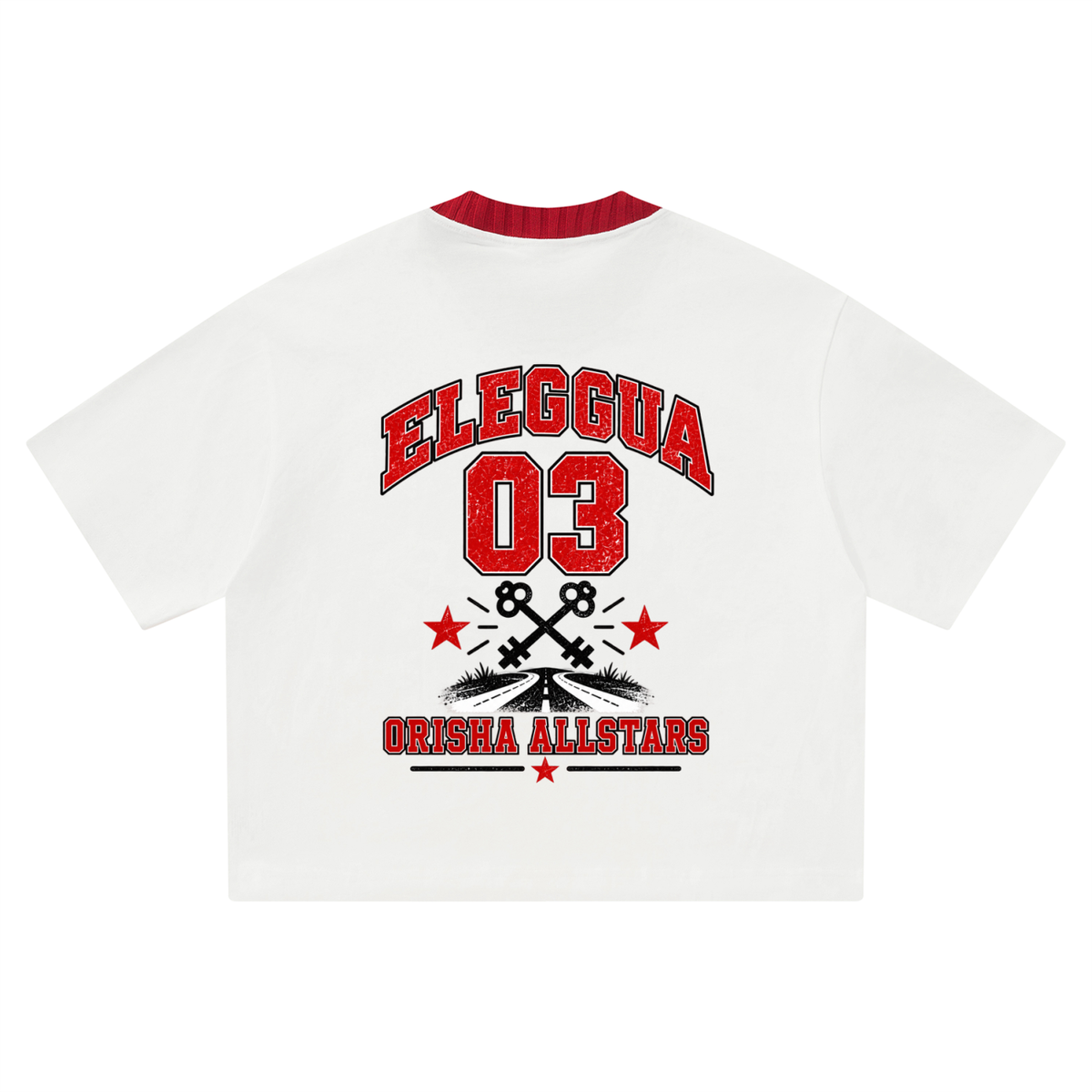 Eleggua Allstars - Unisex Heavyweight Boxy T-Shirt — white with red trim, back artwork view