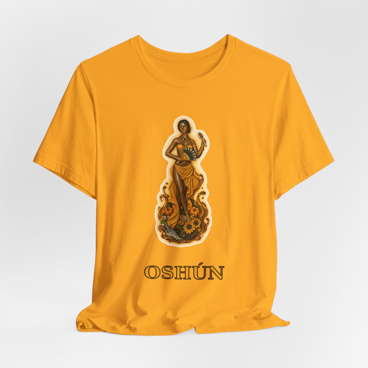 Oshún Golden Blessing Statue T-Shirt — yellow, front artwork view