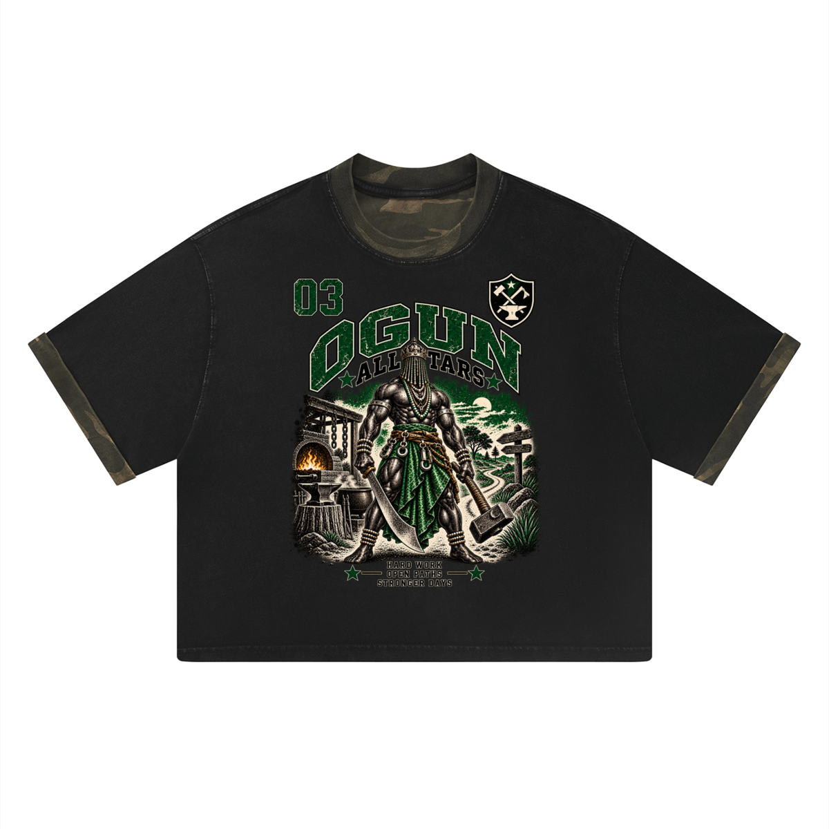 Ogun Allstars II - Unisex Mineral Washed Boxy Panel T-Shirt — black and olive, front artwork view