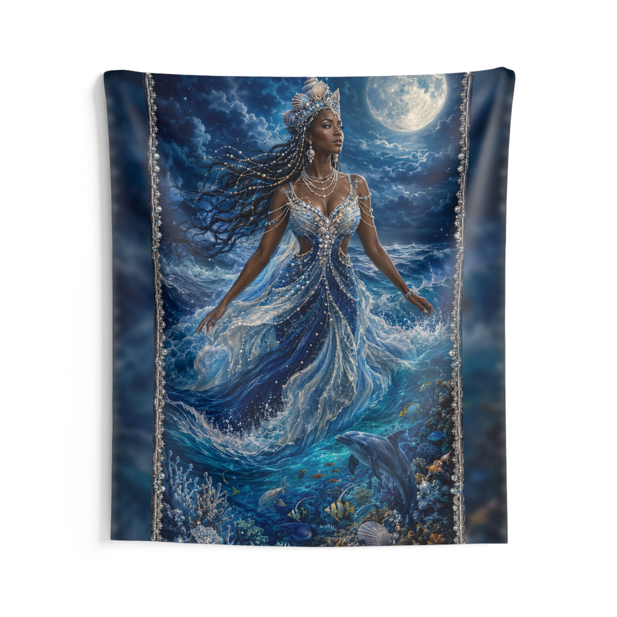 Yemayá Beneath the Moonlit Cobalt Sea Wall Tapestry product mockup view 2