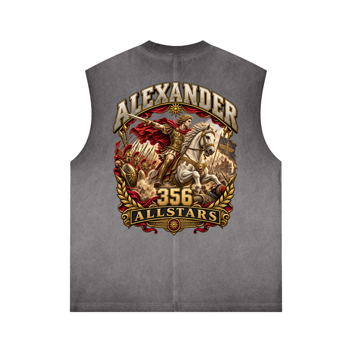Alexander the Great Allstars - Reverse Washed Tank Top — gray, back artwork view