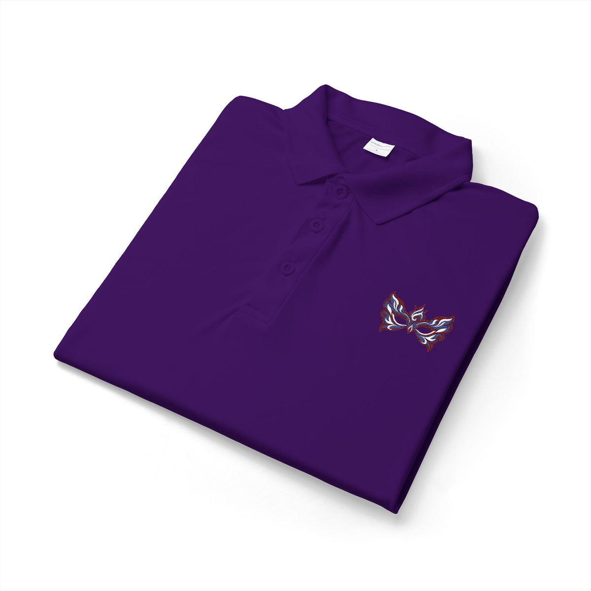 Oyá Masquerade Mask Purple Embroidered Signature Polo product mockup view 2