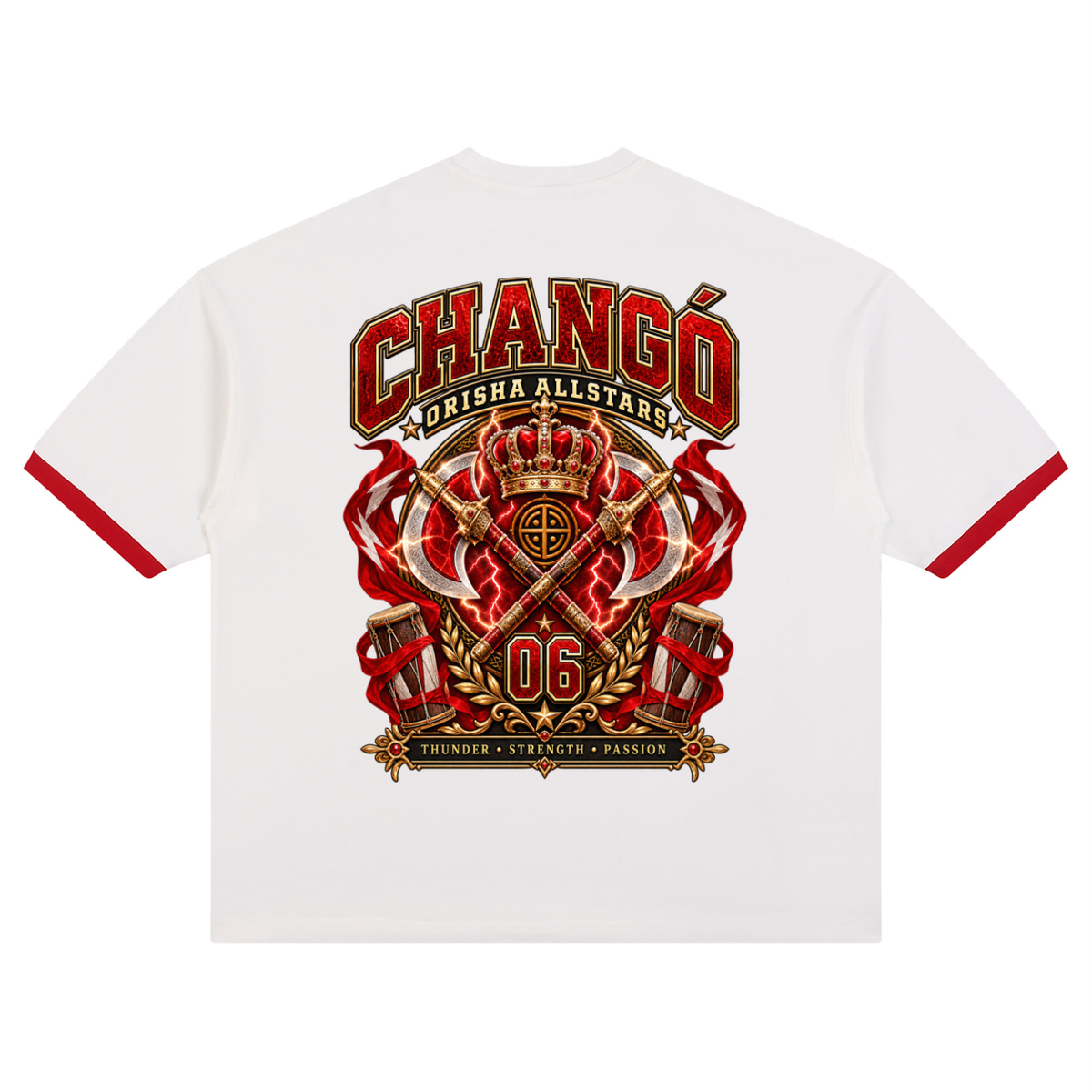 Chango Allstars II - Unisex Color Block Drop Shoulder T-Shirt — white and red, back artwork view