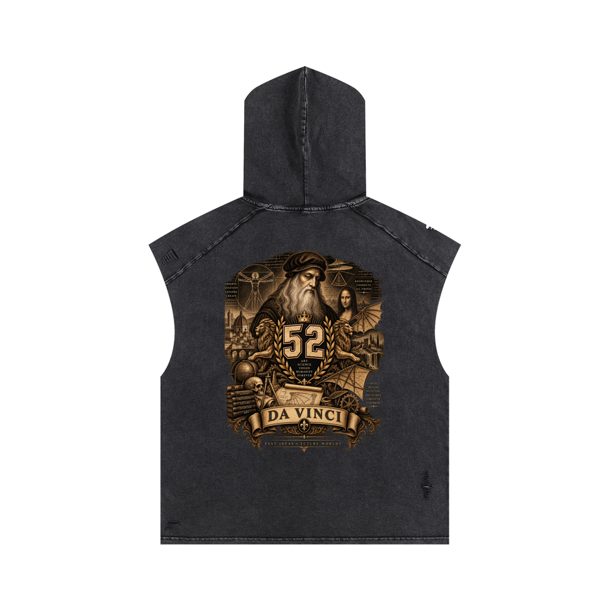 Leonardo Da Vinci Allstars - Snow Washed Boxy Hooded Tank Top — charcoal, back artwork view