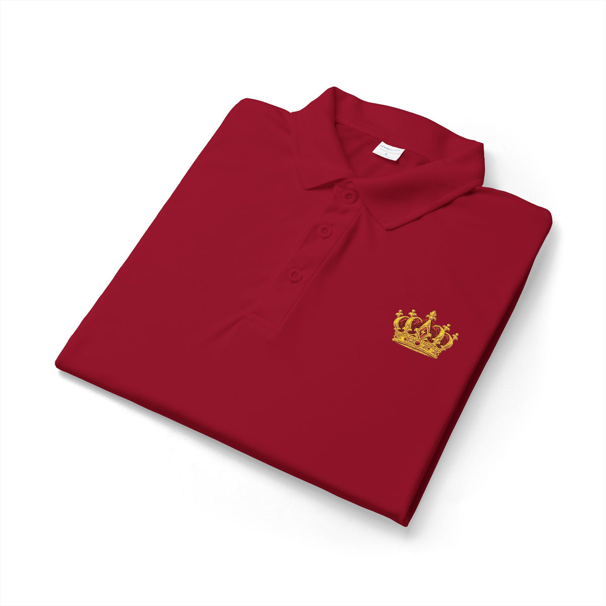 Changó Realistic King Crown Deep Red Embroidered Signature Polo product mockup view 2