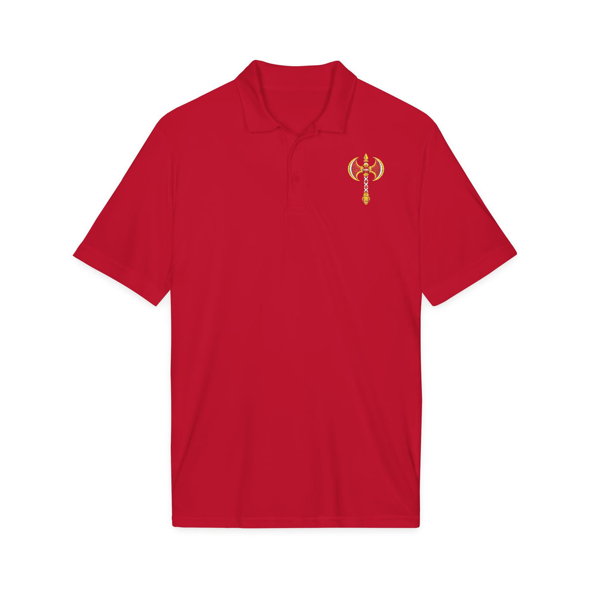 Changó Double Axe True Red Embroidered Signature Polo product mockup