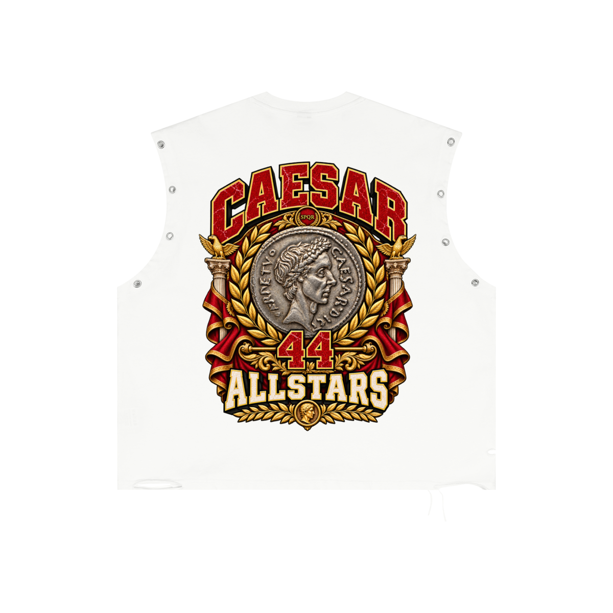 Caesar Allstars - Distressed Grommet Eyelet Tank Top — white, back artwork view