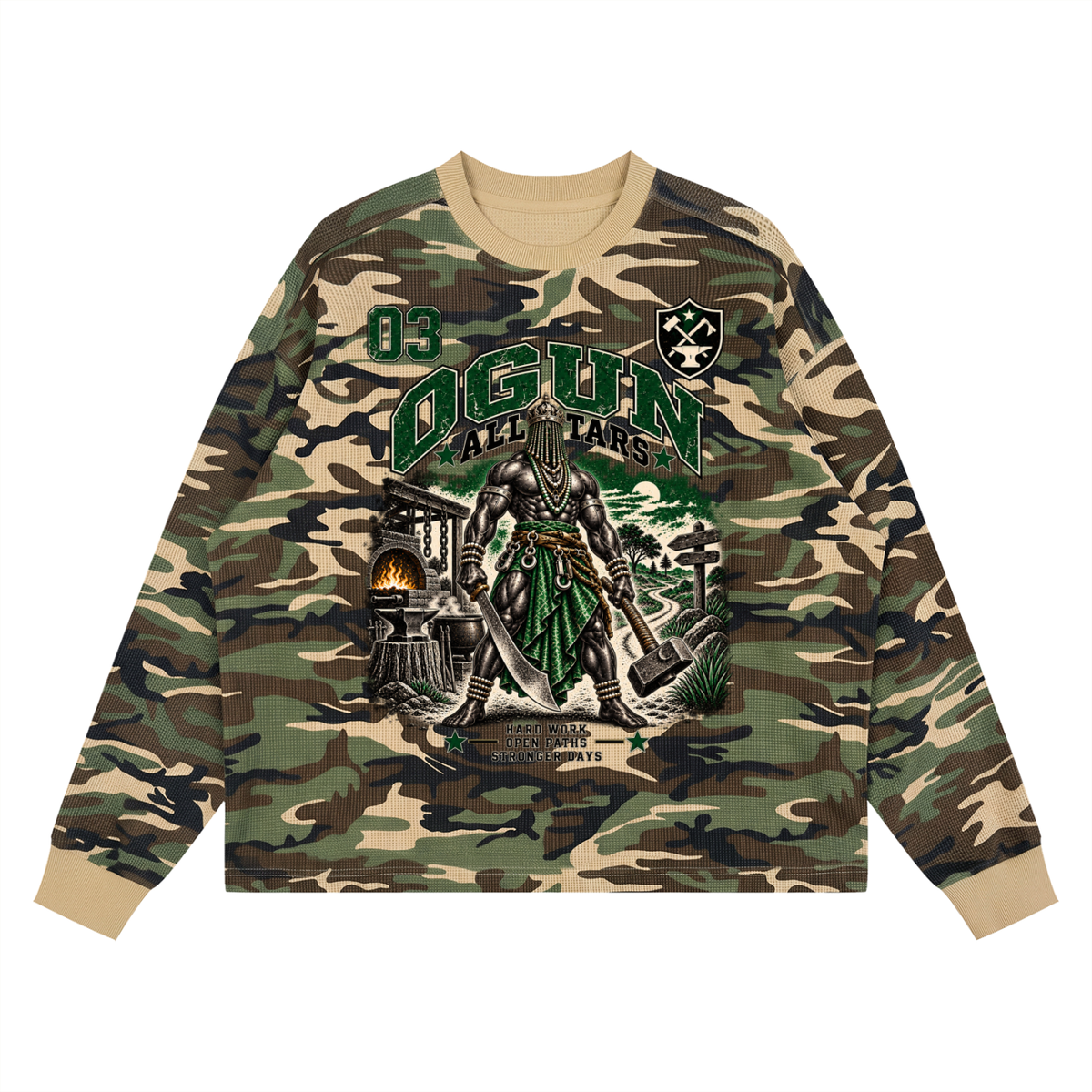 Ogun Allstars 03 Waffle Boxy Long Sleeve Shirt | Orisha Iron Warrior Graphic Tee