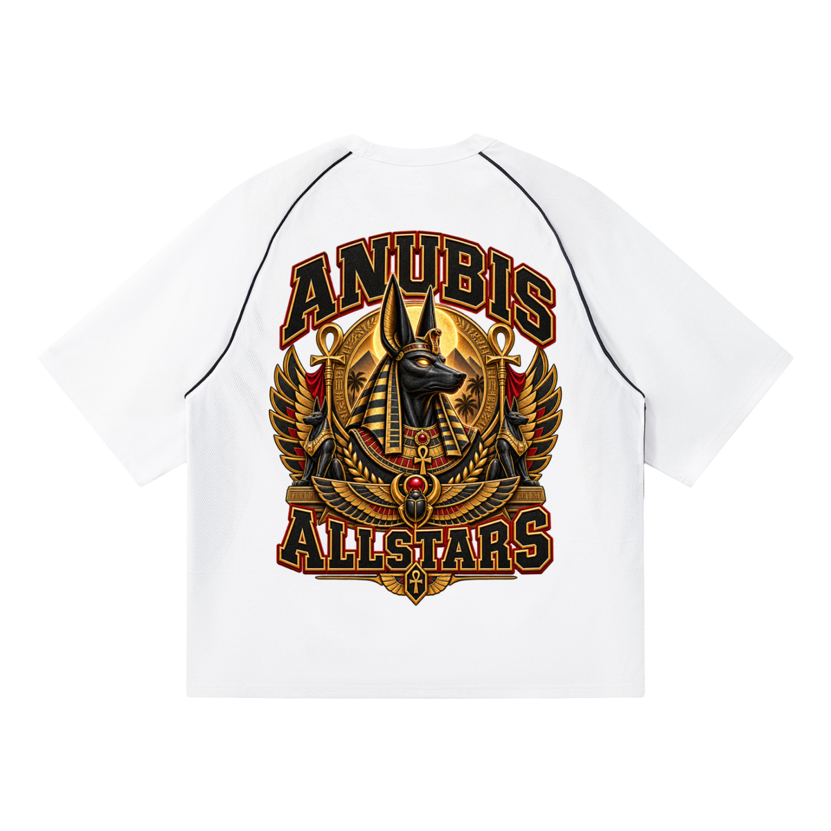 Anubis Allstars - Contrast Piping Panel Raglan T-Shirt — white and black, back artwork view