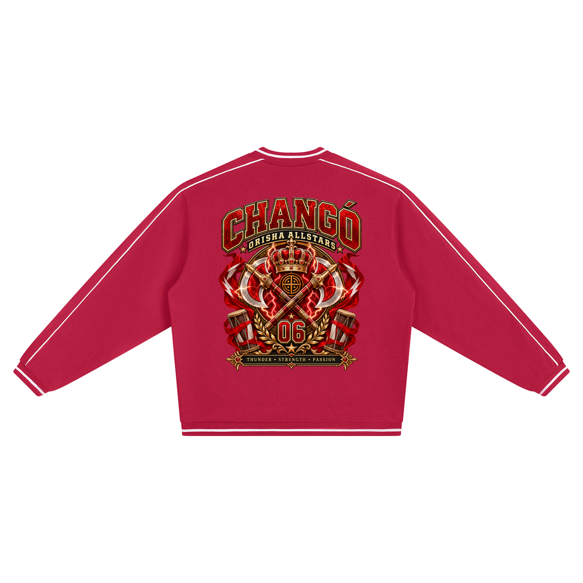 Chango Allstars - Unisex Color Block V-Neck Sweatshirt — red and white, back artwork view