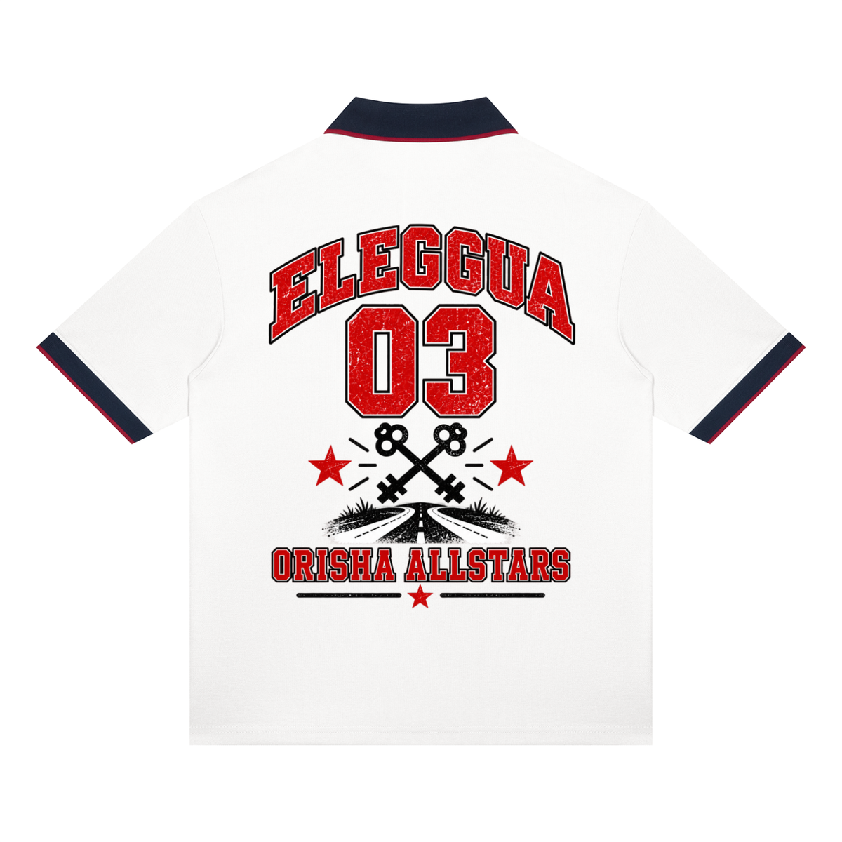 Eleggua Allstars - Unisex Color Block Polo Shirt — white, navy and red, back artwork view