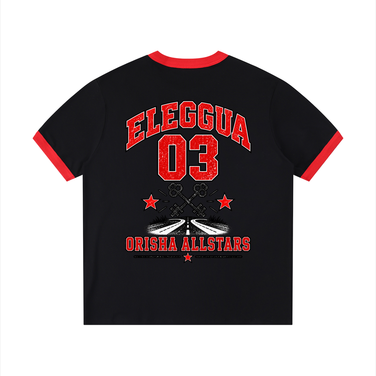 Eleggua Allstars - Unisex Ringer T-Shirt — black with red trim, back artwork view