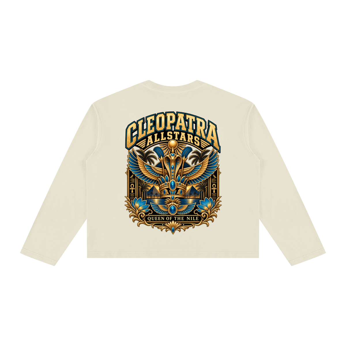 Cleopatra Allstars - Unisex Vintage Wash Long Sleeve Boxy T-Shirt — cream, back artwork view