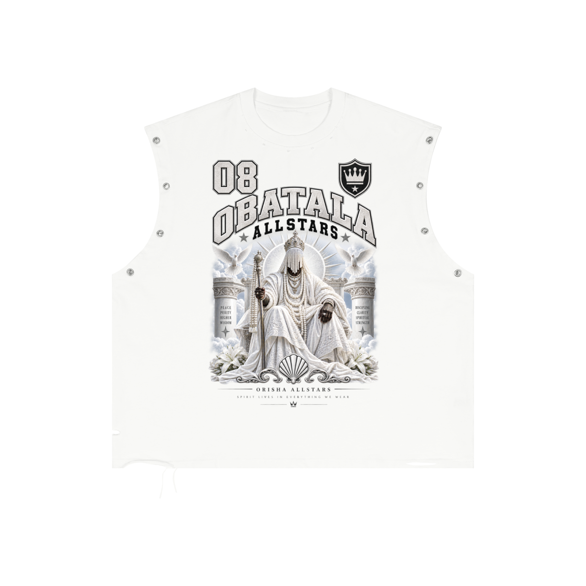 Obatala Allstars - Distressed Grommet Eyelet Tank Top — white, front artwork view