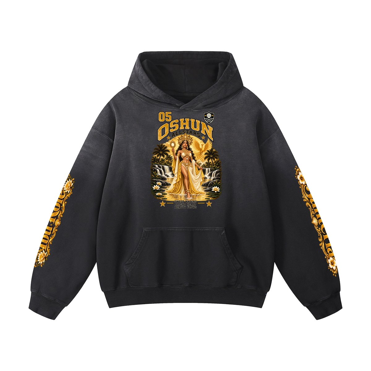 Oshun Allstars - Heavyweight Sunfade Oversized Hoodie — black, front artwork view