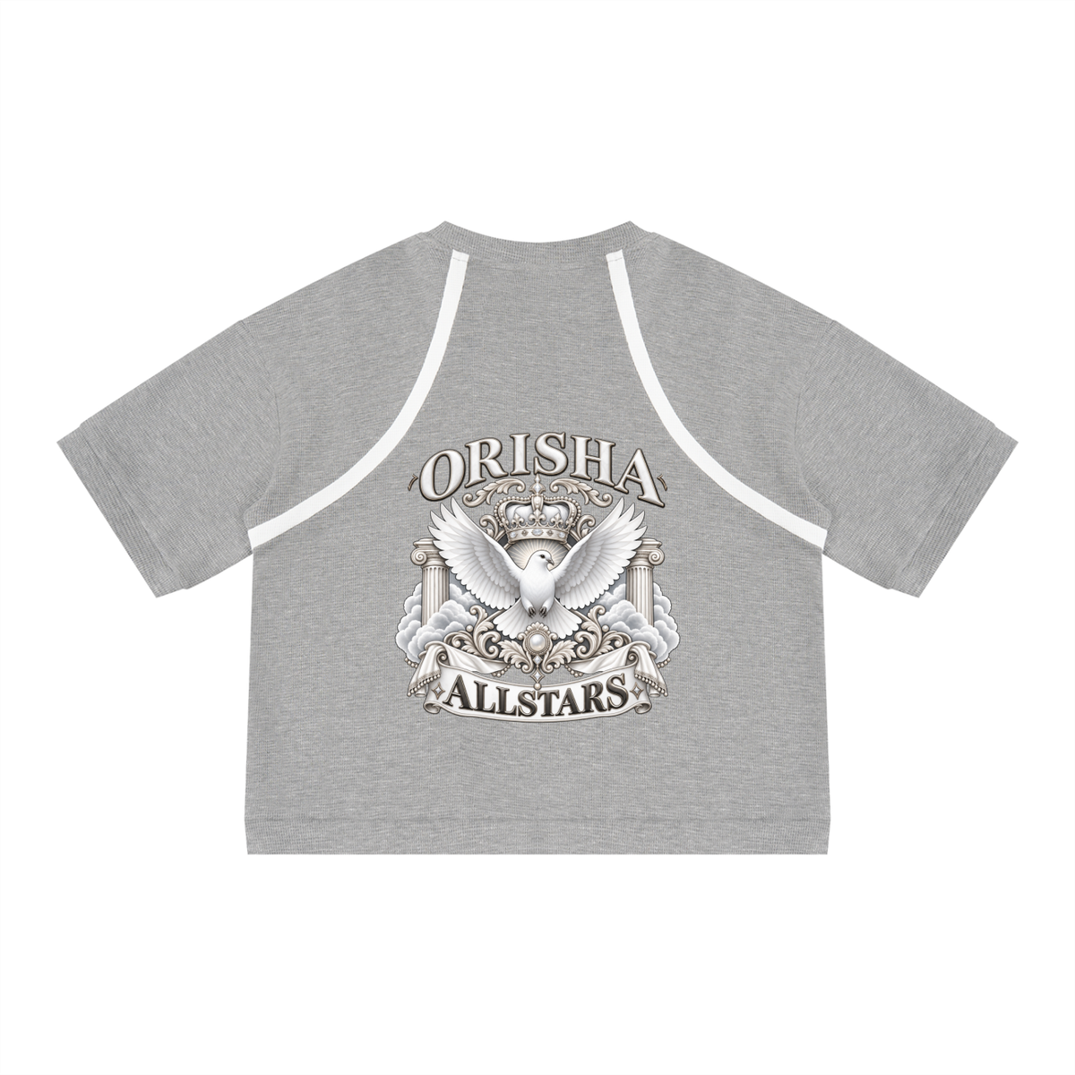 Obatala Allstars - Unisex Color Block Waffle Boxy T-Shirt — gray and white, back artwork view