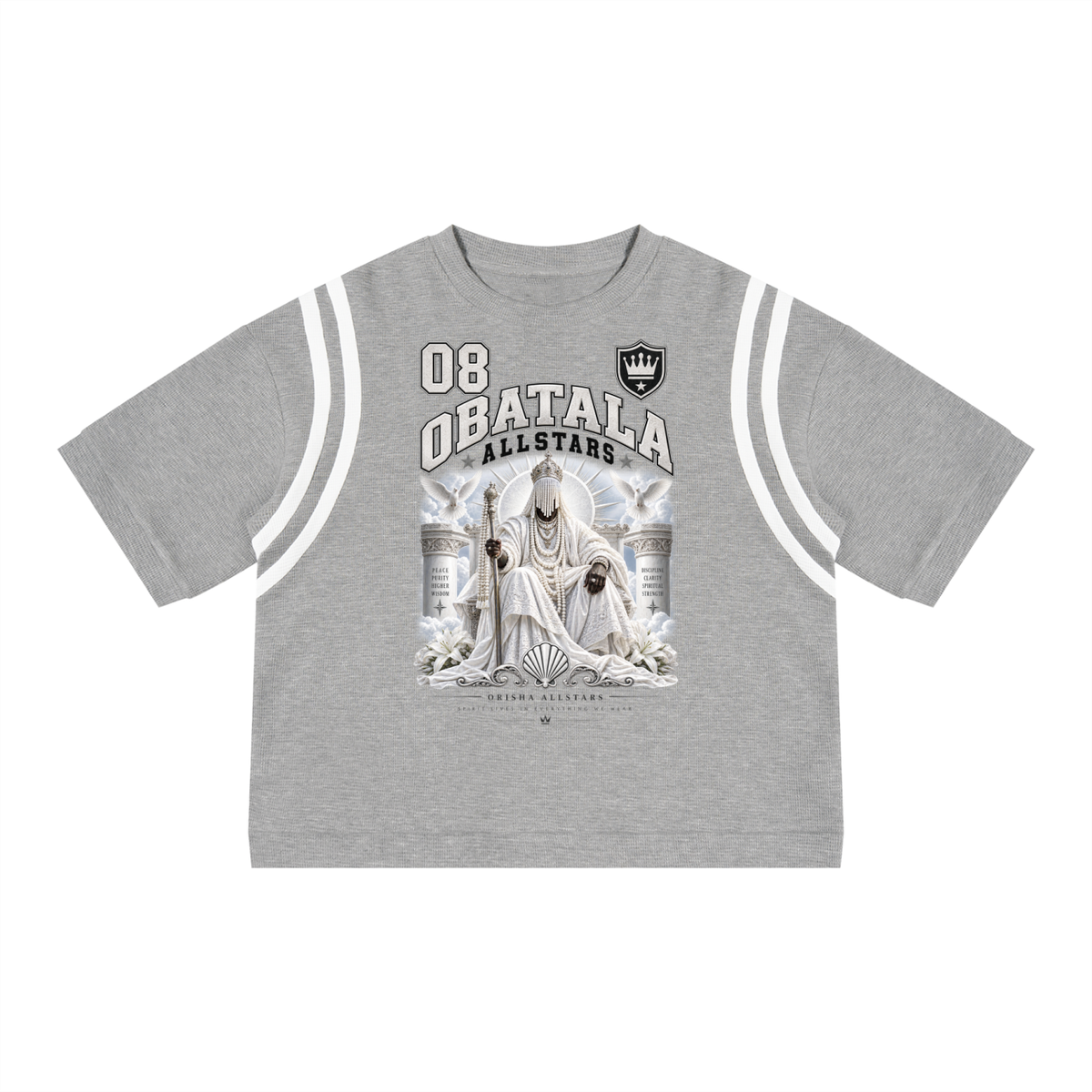 Obatala Allstars - Unisex Color Block Waffle Boxy T-Shirt — gray and white, front artwork view