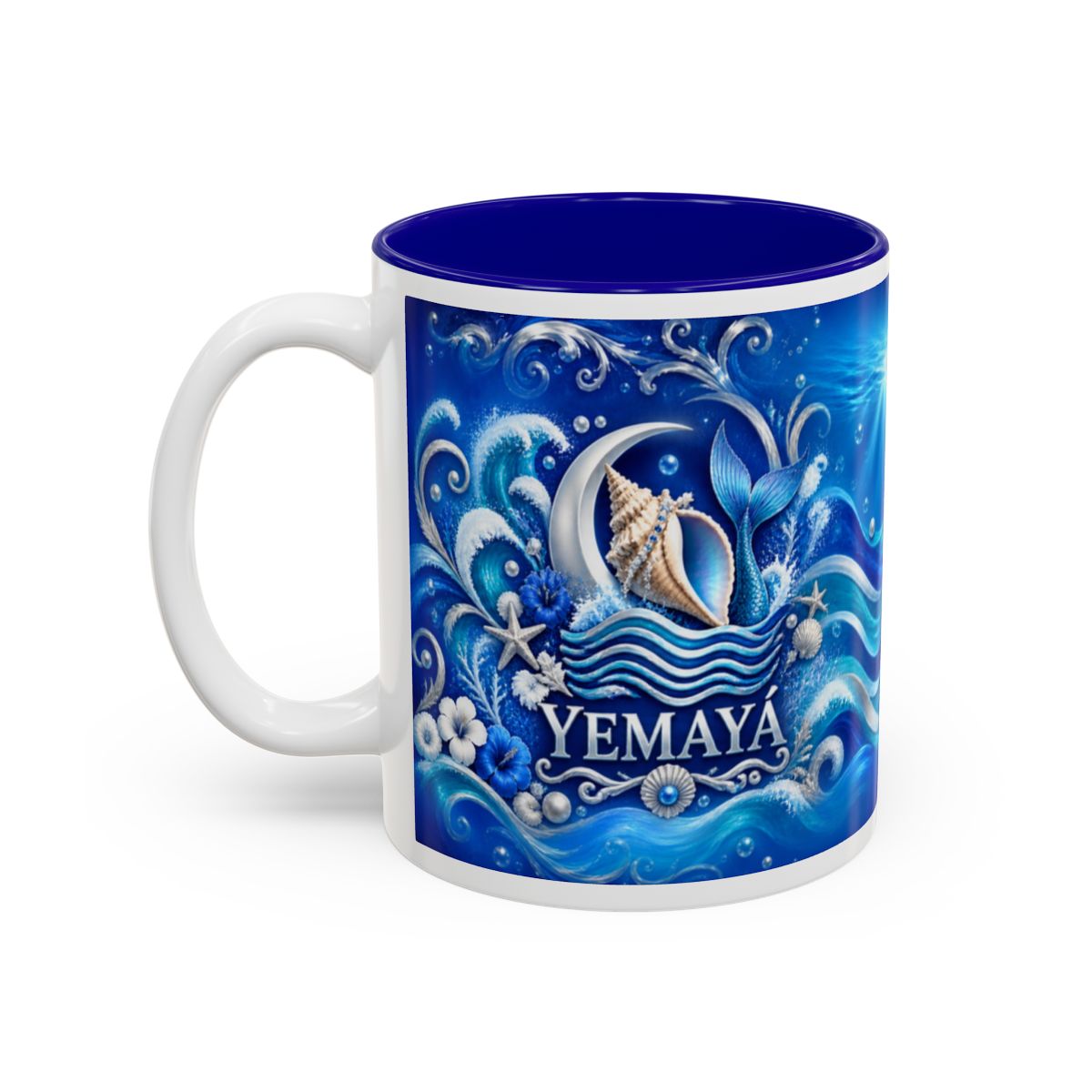 Yemayá Moonlit Conch & Waves Named Symbol Accent Mug complete left-side view