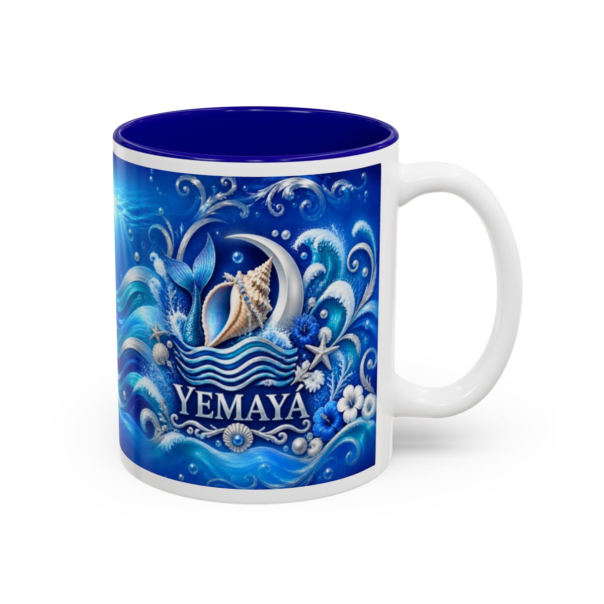 Yemayá Moonlit Conch & Waves Named Symbol Accent Mug complete right-side view