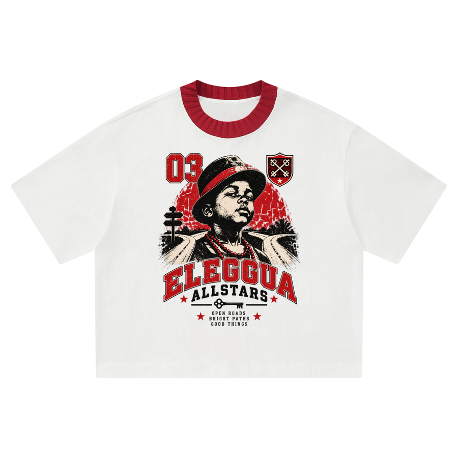 Eleggua Allstars - Unisex Heavyweight Boxy T-Shirt — white with red trim, front artwork view