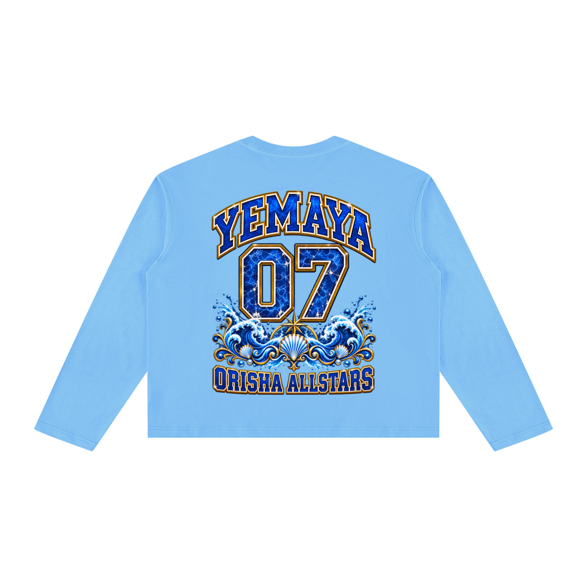 Yemaya Allstars - Unisex Vintage Wash Long Sleeve Boxy T-Shirt — blue, back artwork view