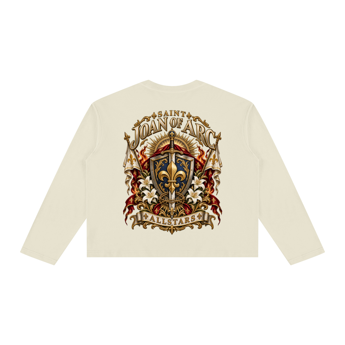 Joan of Arc Allstars - Unisex Vintage Wash Long Sleeve Boxy T-Shirt — cream, back artwork view