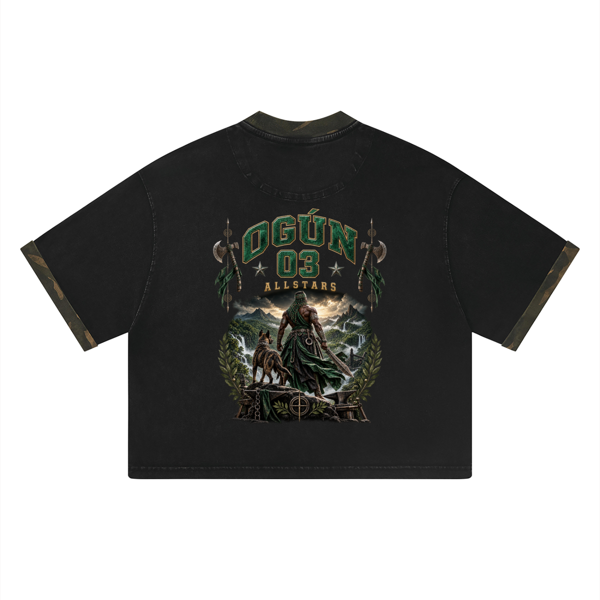 Ogun Allstars II - Unisex Mineral Washed Boxy Panel T-Shirt — black and olive, back artwork view