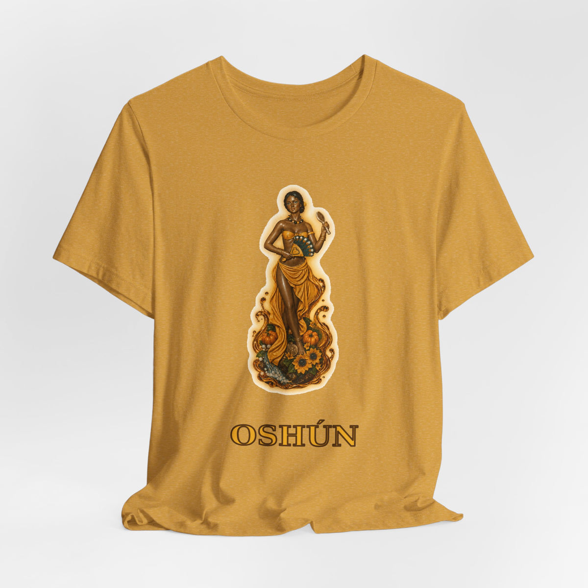 Oshún Golden Blessing Statue T-Shirt — mustard gold, front artwork view