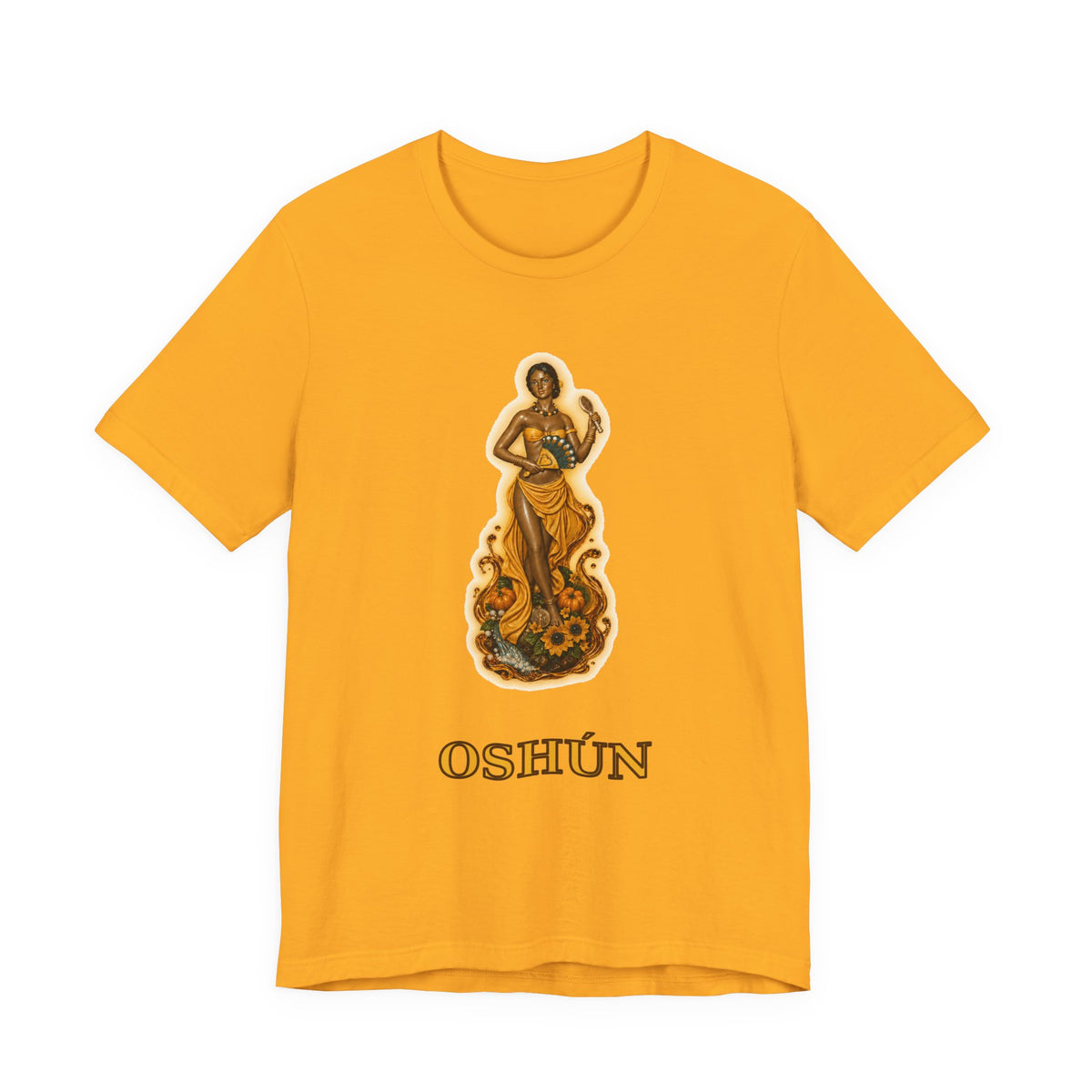 Oshún Golden Blessing Statue T-Shirt product mockup view 4
