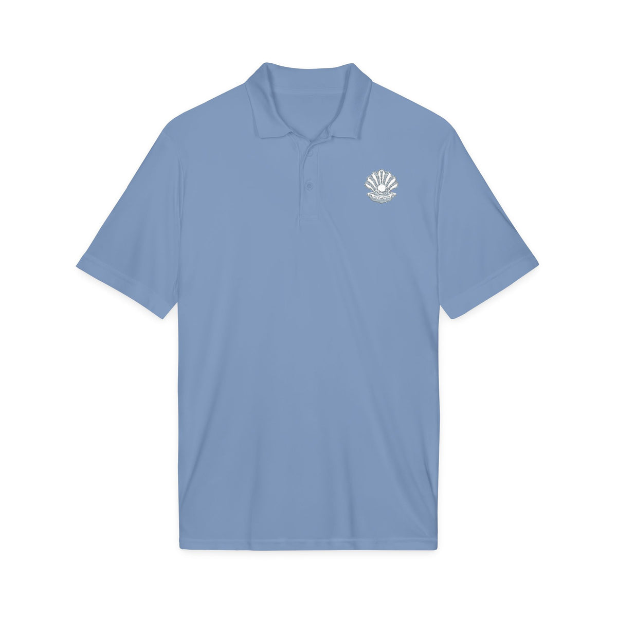 Yemayá Mother-of-Pearl Carolina Blue Embroidered Signature Polo product mockup