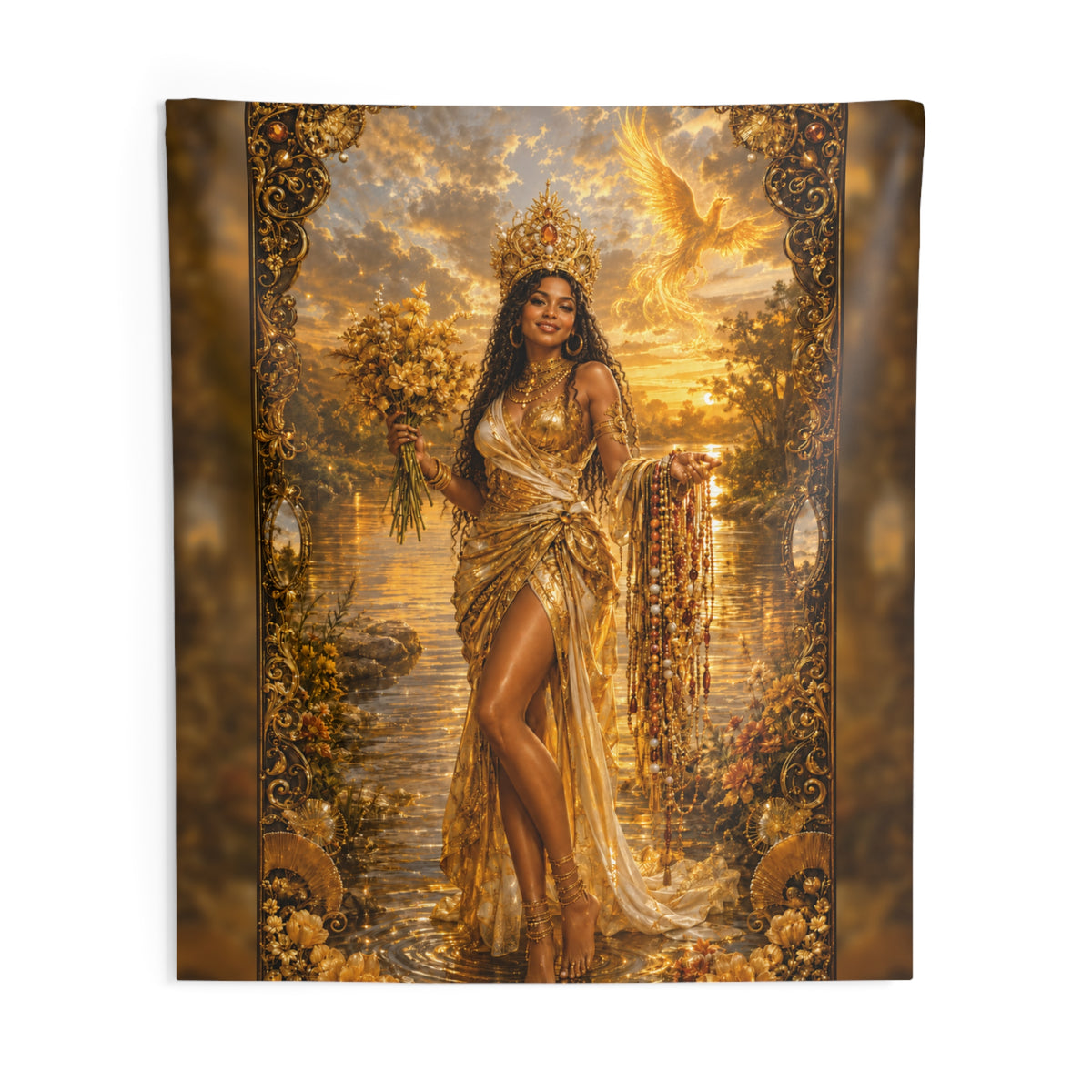 Oshún Golden River Blessing Wall Tapestry product mockup view 3