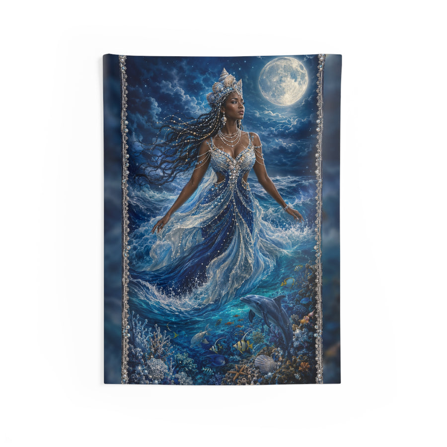 Yemayá Beneath the Moonlit Cobalt Sea Wall Tapestry product mockup