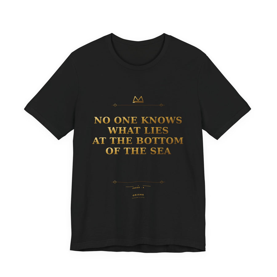 NO ONE KNOWS WHAT LIES AT THE BOTTOM OF THE SEA — Iroso 4 Minimal T-Shirt product mockup
