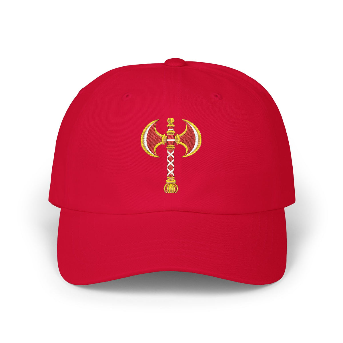 Changó Double Axe Cranberry Embroidered Cap product mockup