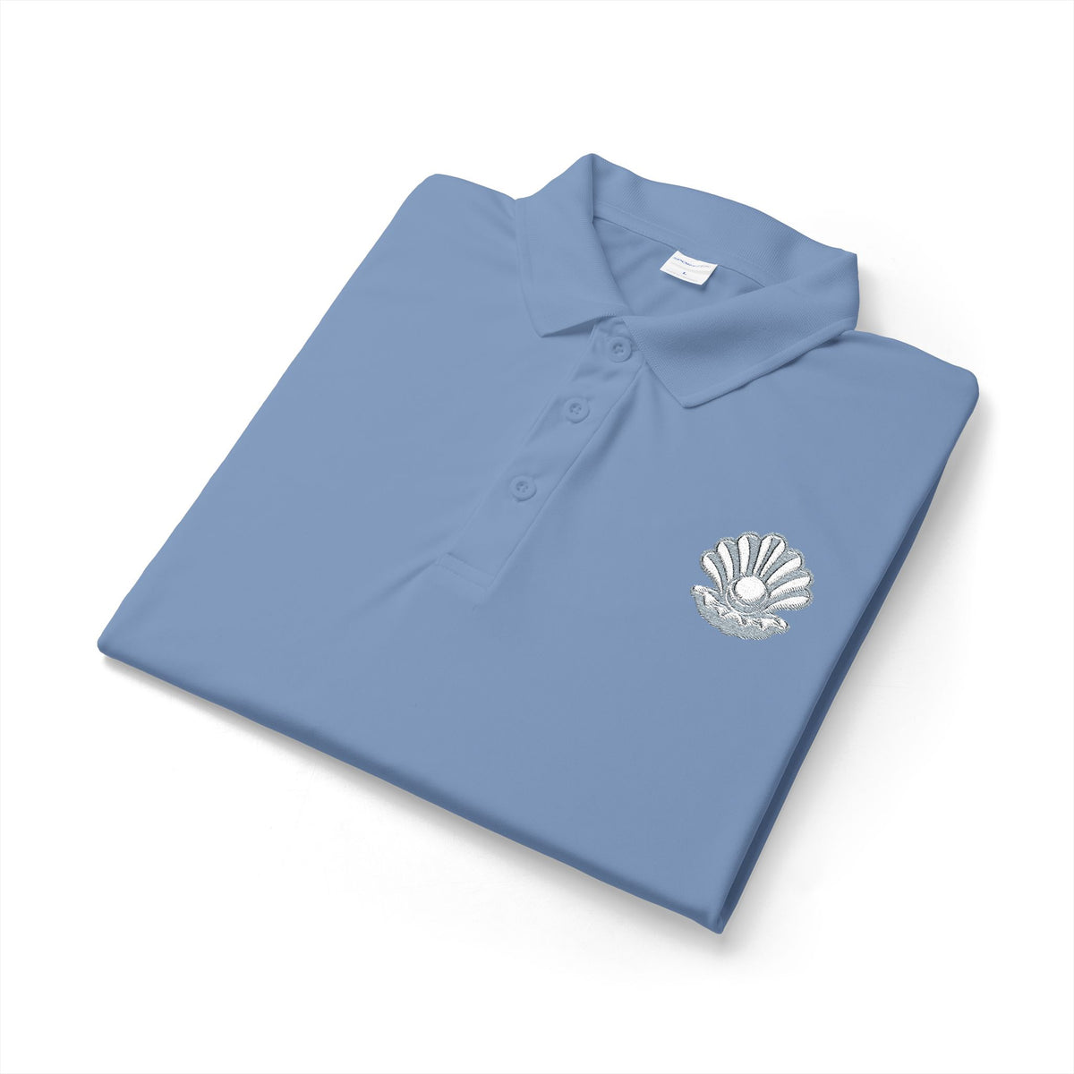 Yemayá Mother-of-Pearl Carolina Blue Embroidered Signature Polo product mockup view 2