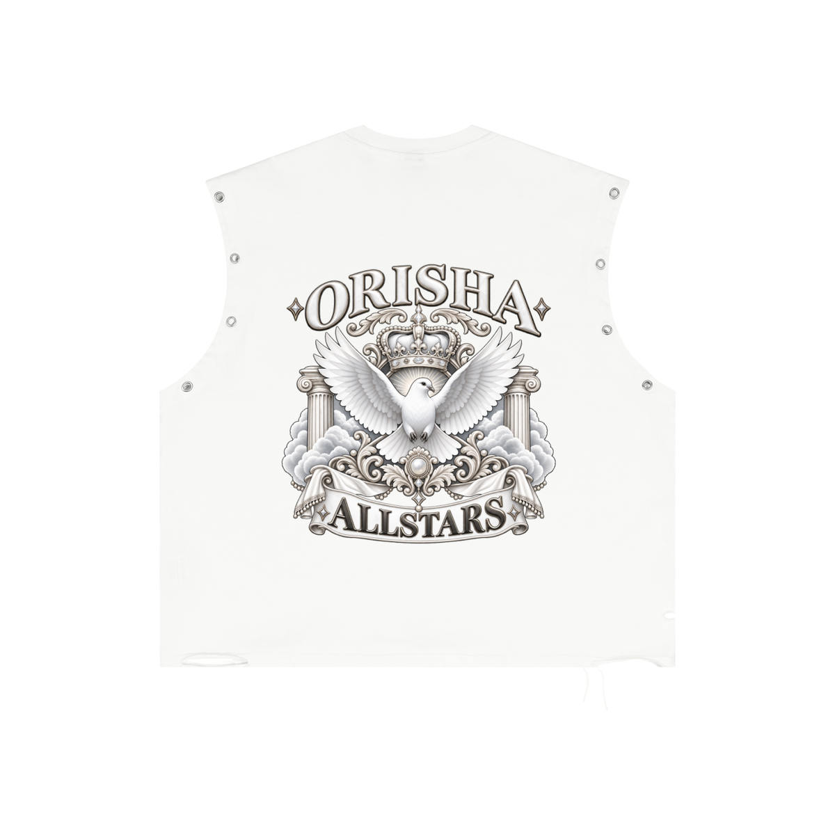 Obatala Allstars - Distressed Grommet Eyelet Tank Top — white, back artwork view