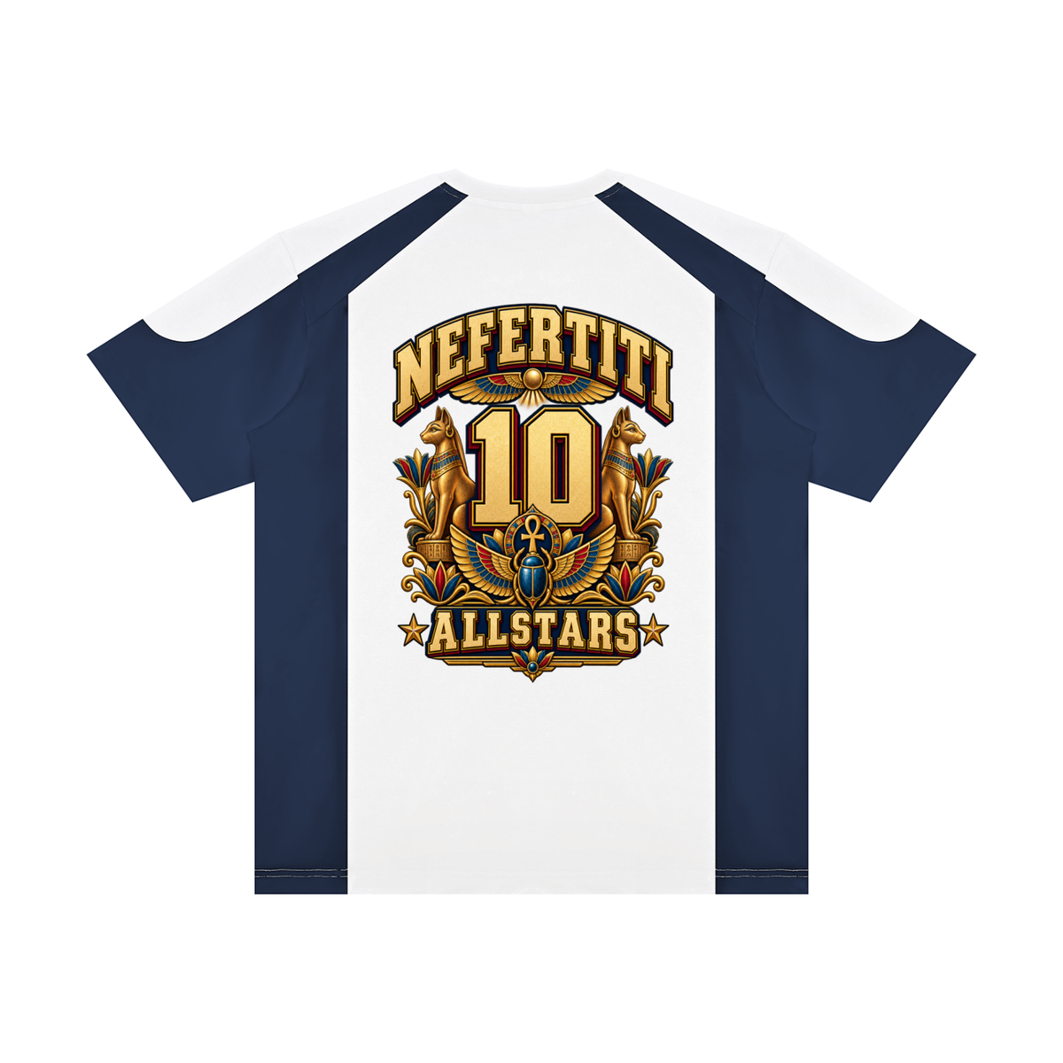 Nefertiti Allstars - Unisex Raglan Color Block T-Shirt — navy, white and burgundy, back artwork view