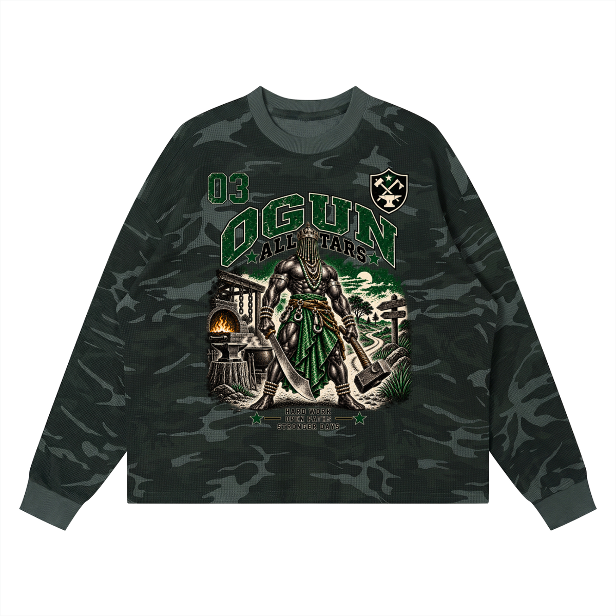 Ogun Allstars 03 Waffle Boxy Long Sleeve Shirt | Orisha Iron Warrior Graphic Tee