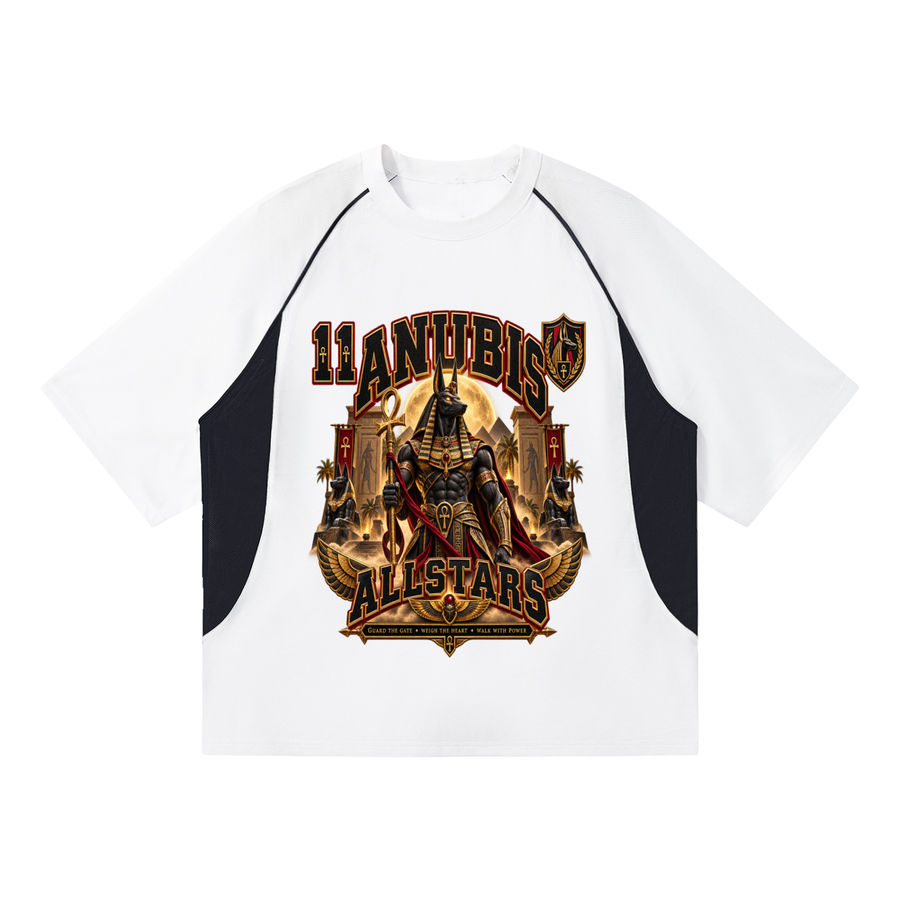 Anubis Allstars - Contrast Piping Panel Raglan T-Shirt — white and black, front artwork view