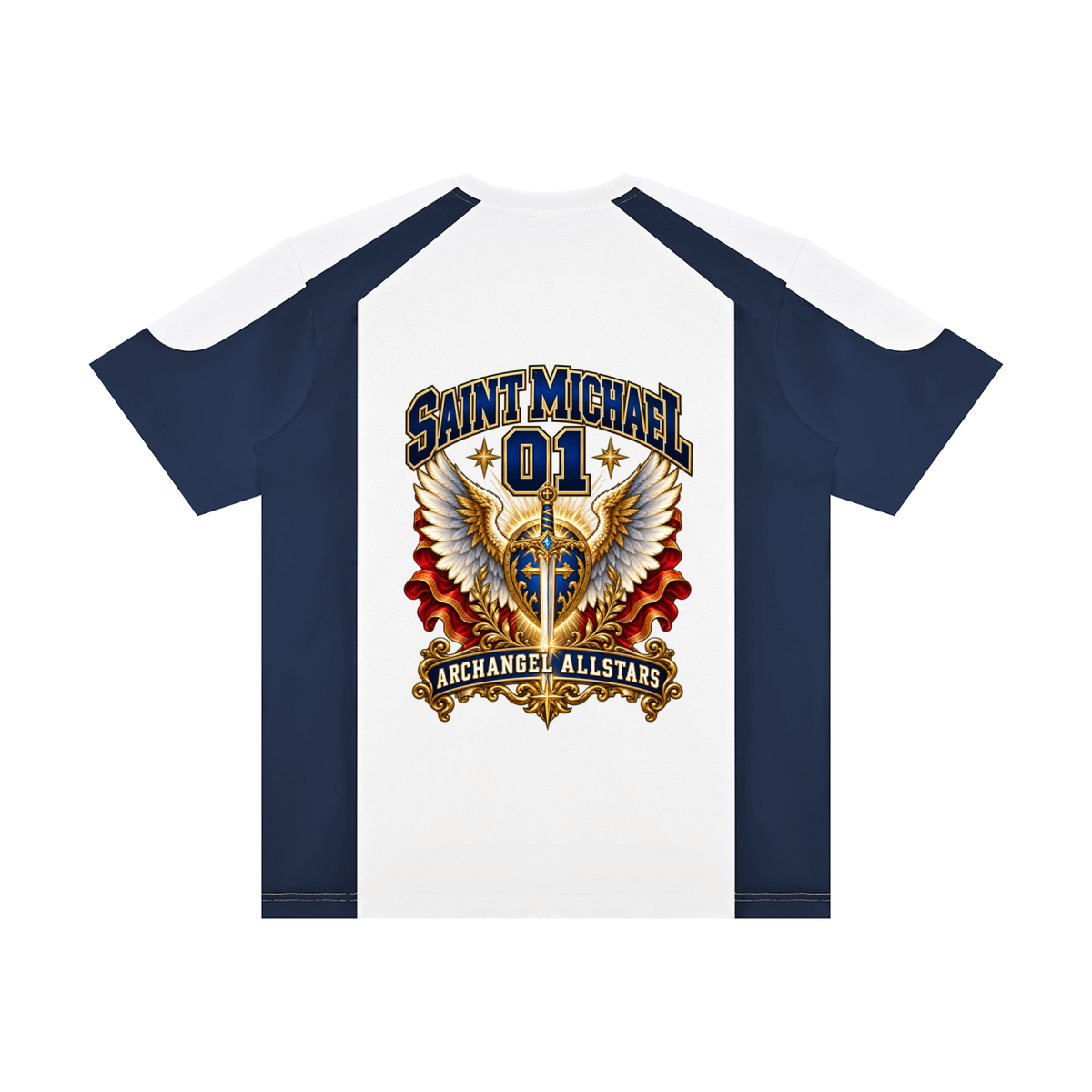 Saint Michael Allstars - Unisex Raglan Color Block T-Shirt — navy, white and burgundy, back artwork view