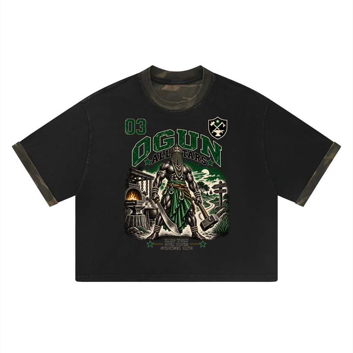 Ogun Allstars II - Unisex Mineral Washed Boxy Panel T-Shirt — black and olive, front artwork view