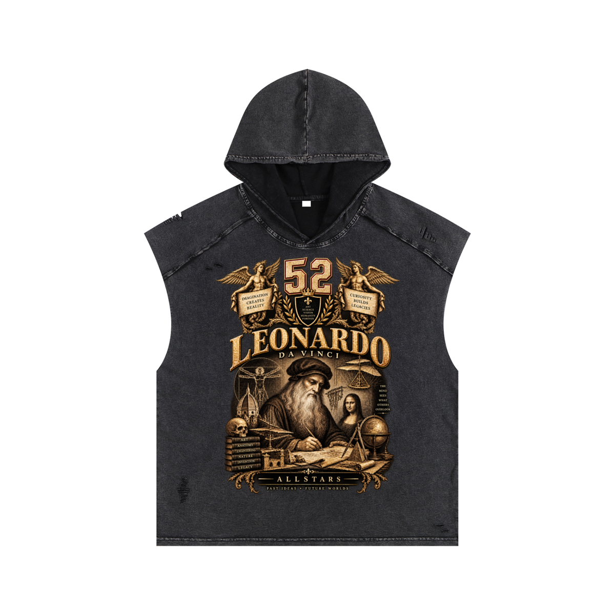Leonardo Da Vinci Allstars - Snow Washed Boxy Hooded Tank Top — charcoal, front artwork view