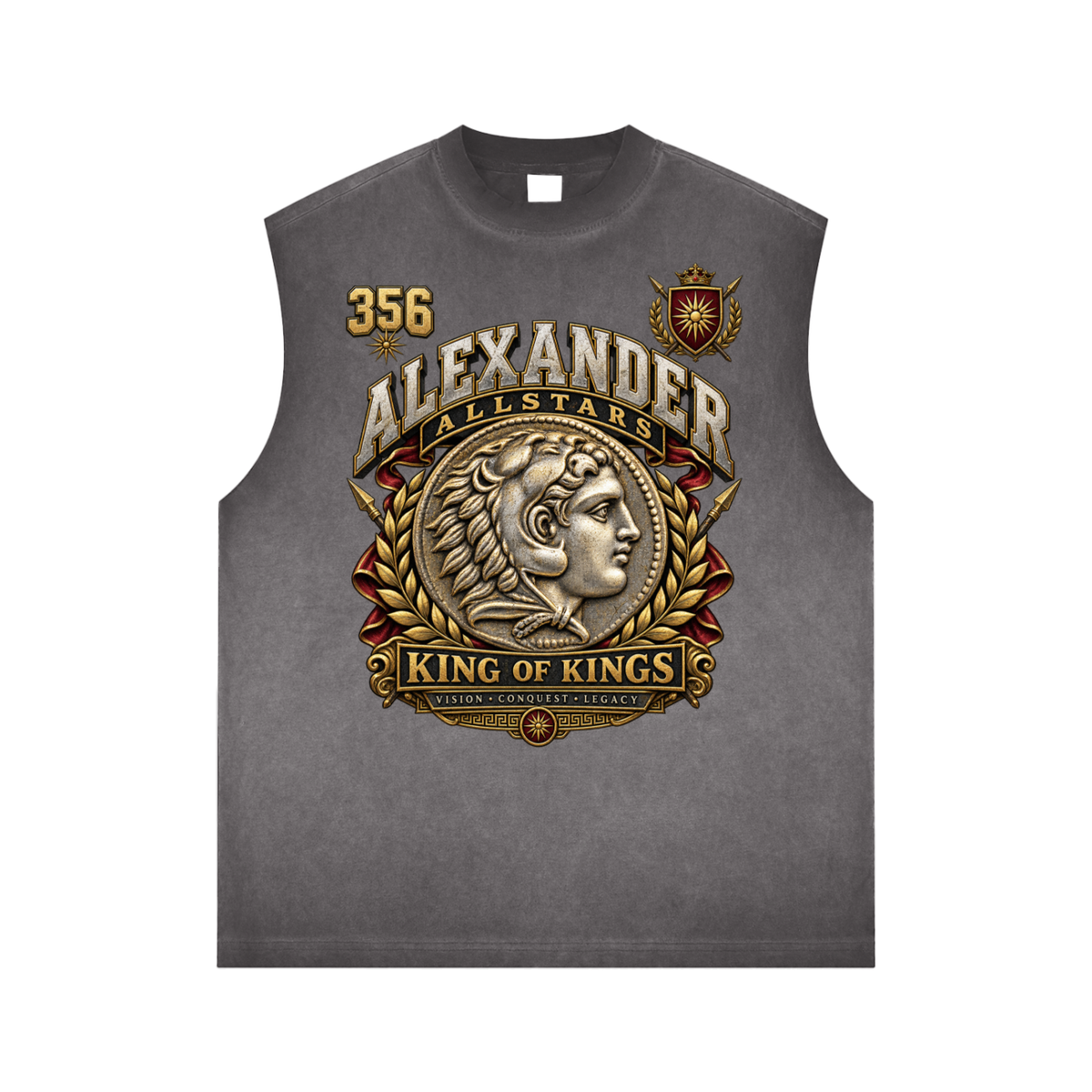Alexander the Great Allstars - Reverse Washed Tank Top — gray, front artwork view